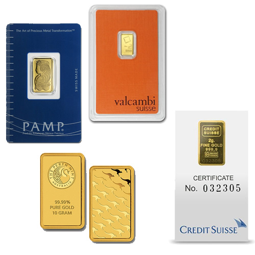 Recognised Gold Bars (gram weights) - sizes vary